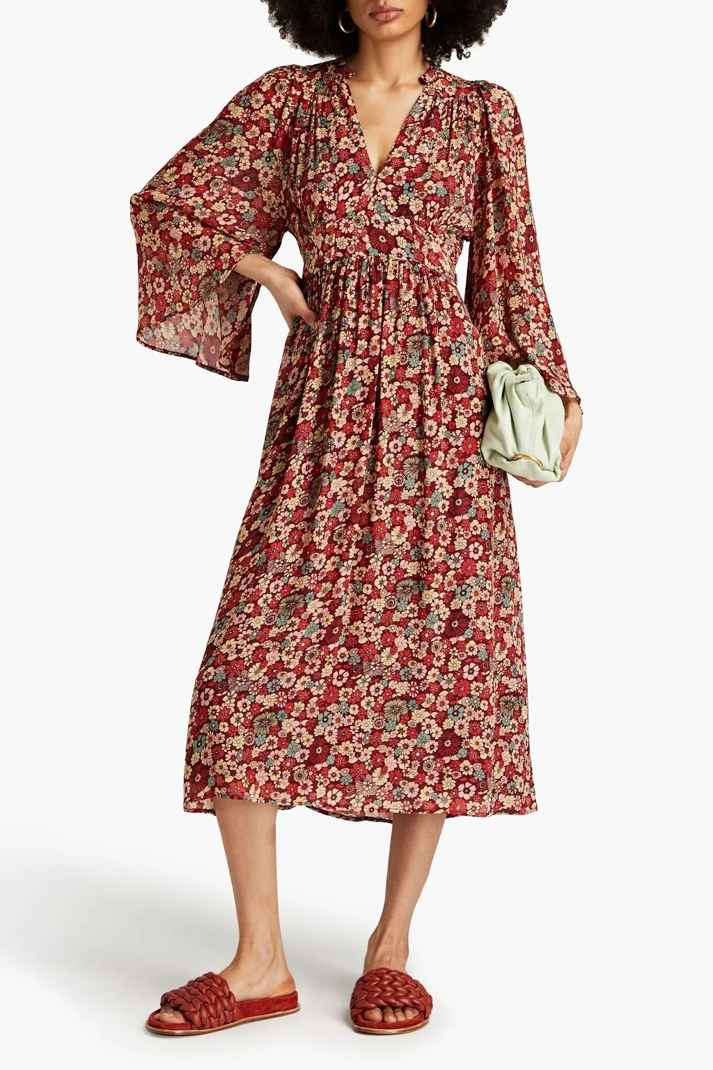 Colline crepe de Chine midi dress with floral print ANTIK BATIK, burgundy