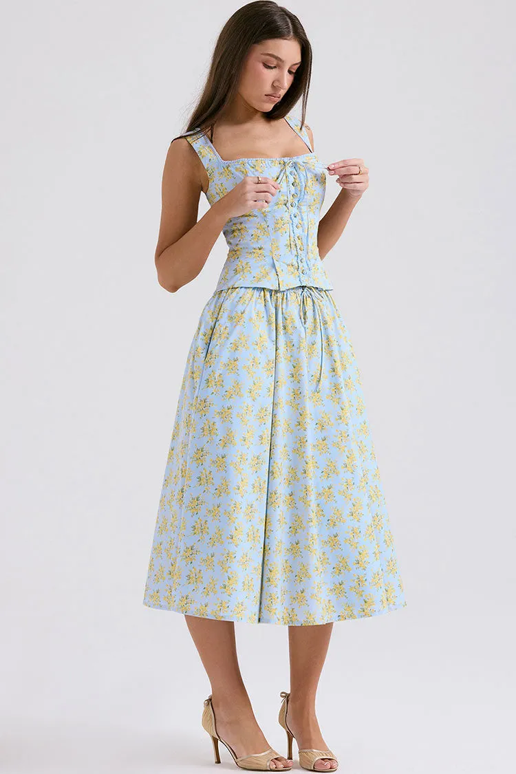 Cute Bow Tie Button Up Summer Floral Two Piece Midi Dress - Light Blue