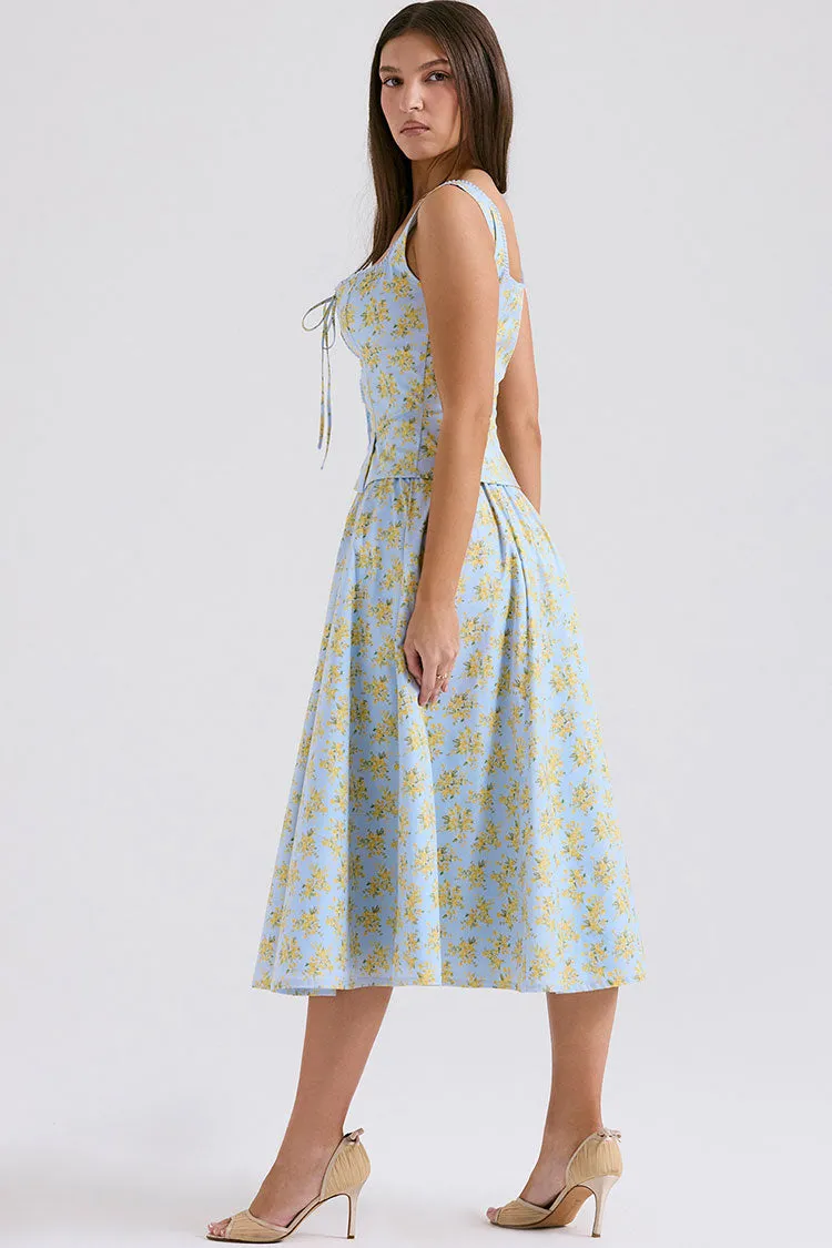 Cute Bow Tie Button Up Summer Floral Two Piece Midi Dress - Light Blue