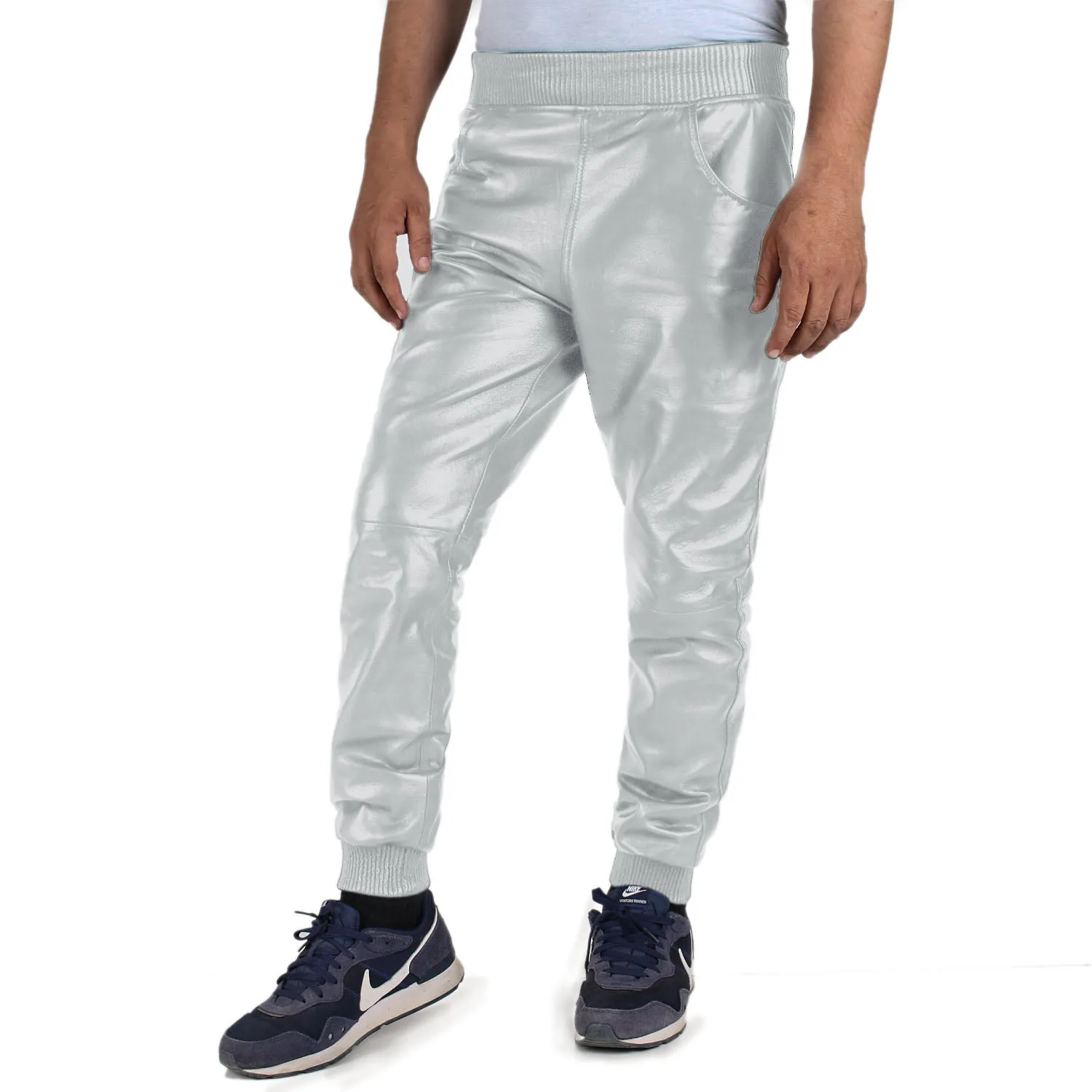 Delara Men's White Leather Jogger Pants