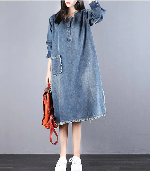 Denim Loose Long V Neck Dresses Plus Size Women Dresses