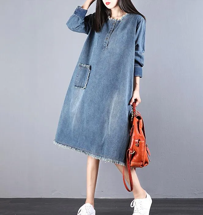 Denim Loose Long V Neck Dresses Plus Size Women Dresses