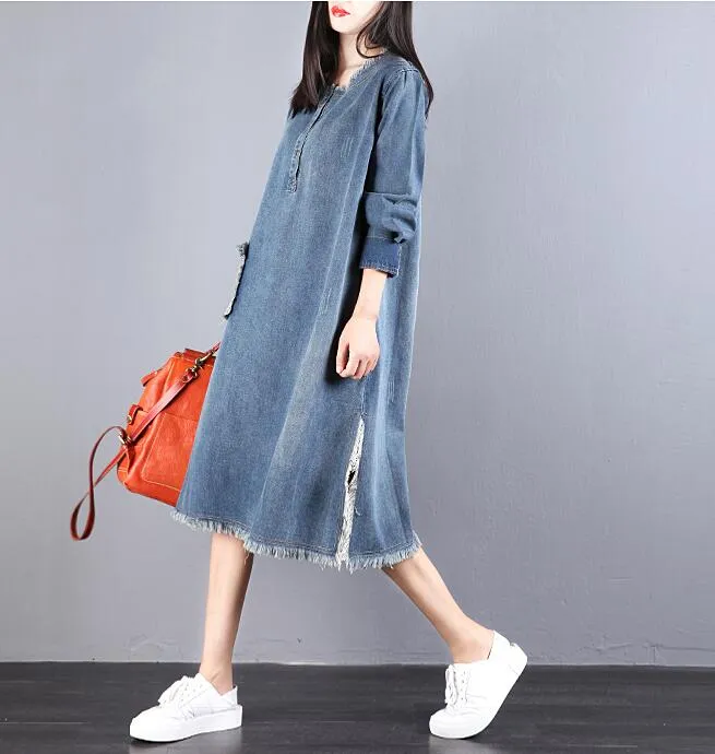 Denim Loose Long V Neck Dresses Plus Size Women Dresses