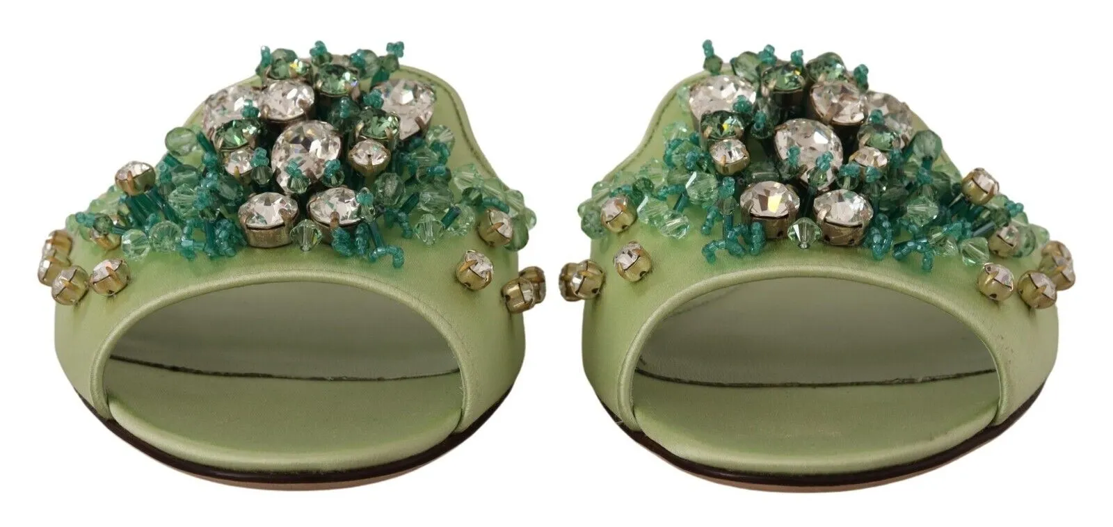 Dolce & Gabbana Green Leather Crystals Slides Women Flats Shoes