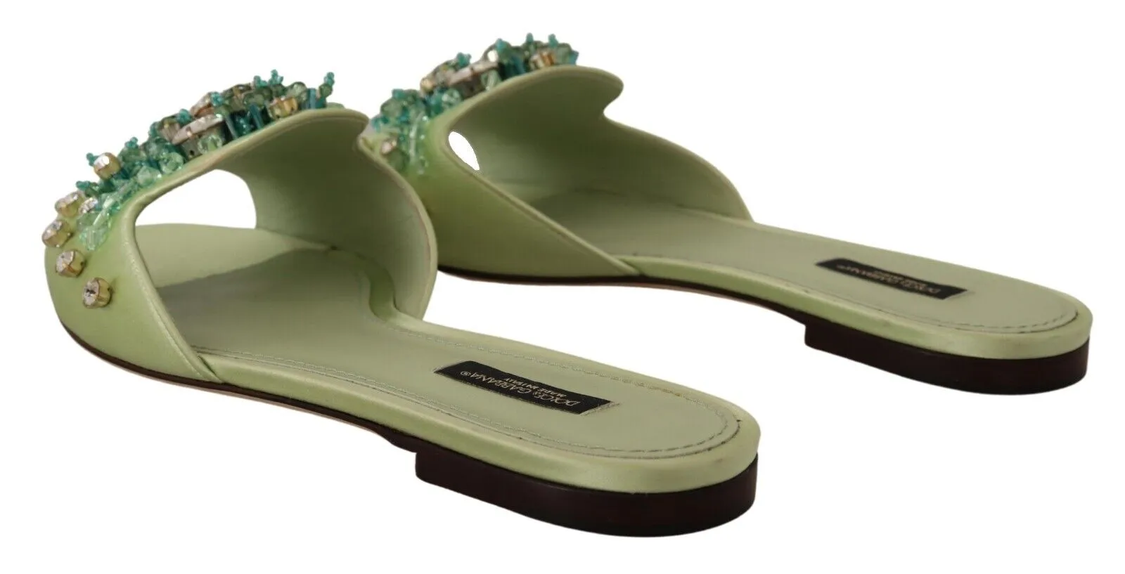 Dolce & Gabbana Green Leather Crystals Slides Women Flats Shoes