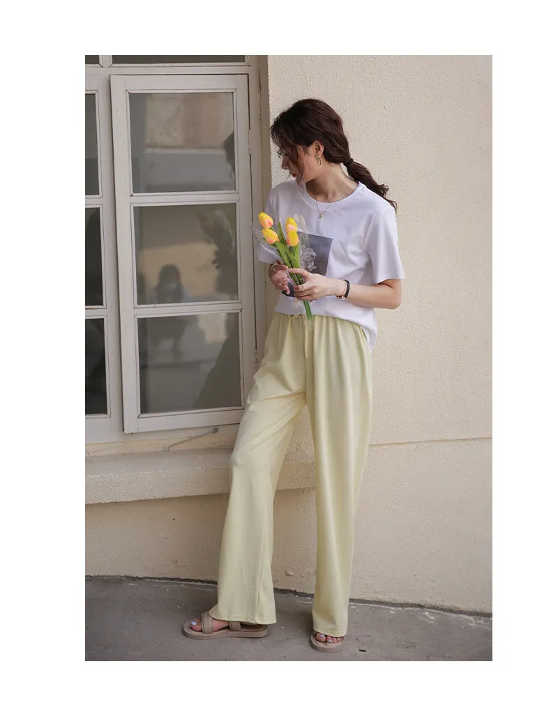 Drape Elastic Waist Wide Leg Casual Pants Women Summer Korean High Slim Look Straight Loose Pants