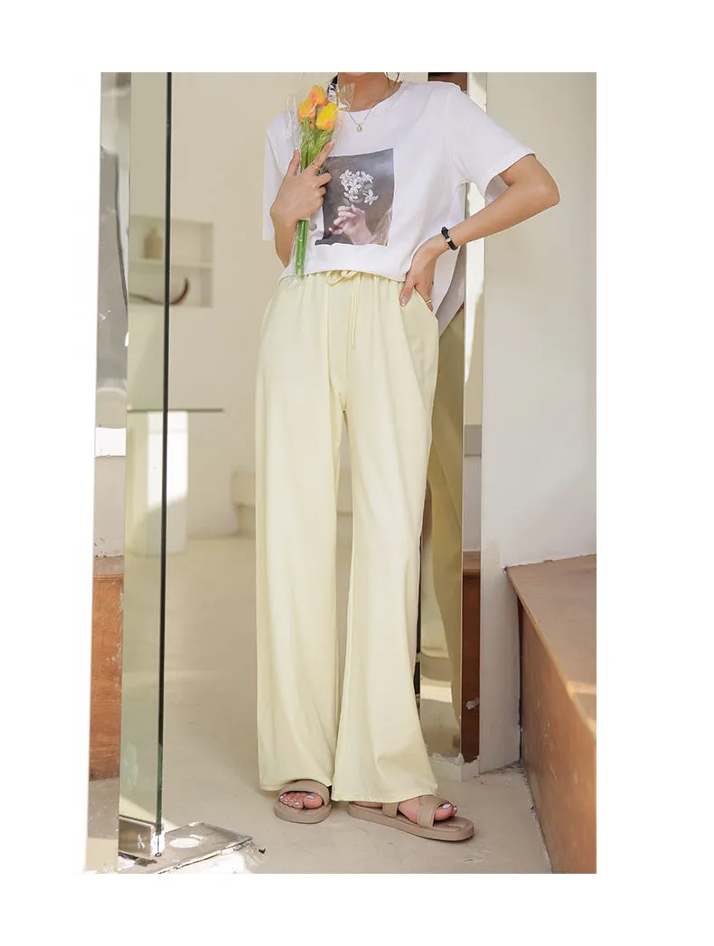 Drape Elastic Waist Wide Leg Casual Pants Women Summer Korean High Slim Look Straight Loose Pants