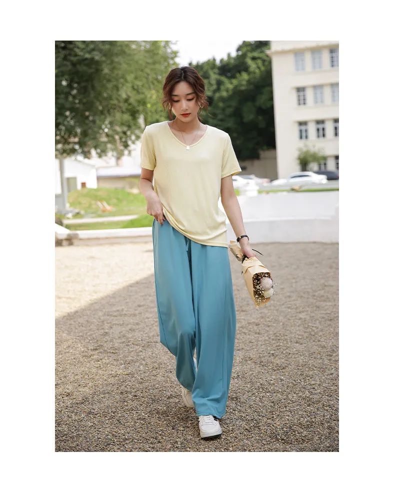 Drape Elastic Waist Wide Leg Casual Pants Women Summer Korean High Slim Look Straight Loose Pants