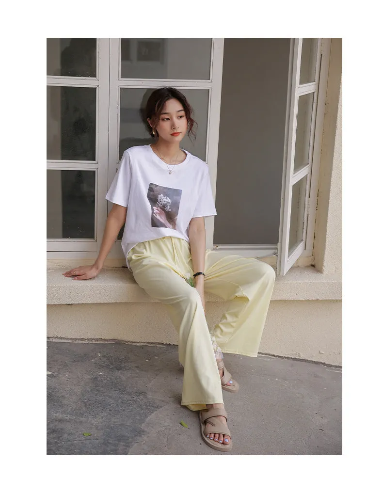 Drape Elastic Waist Wide Leg Casual Pants Women Summer Korean High Slim Look Straight Loose Pants