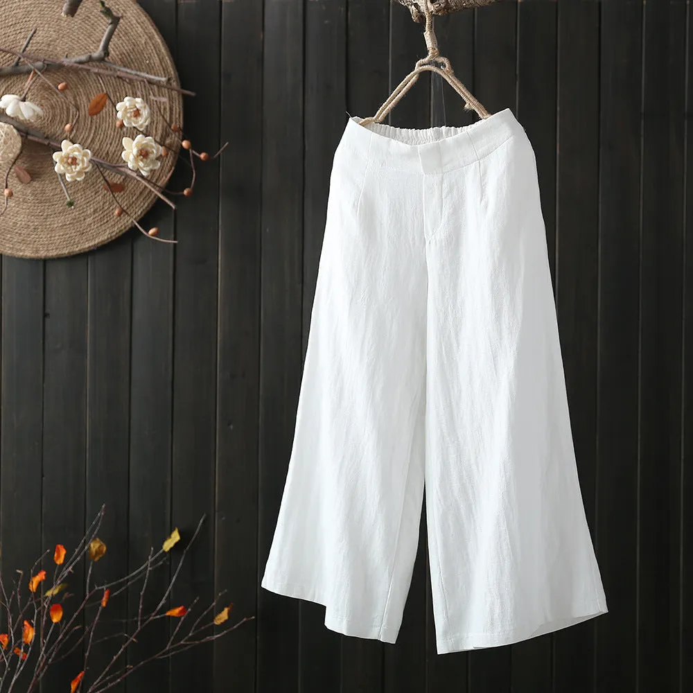 Elastic Waist Cotton Blend Wide Leg Pants Women Thin Loose Plus Size Summer High Line Straight Casual Pants