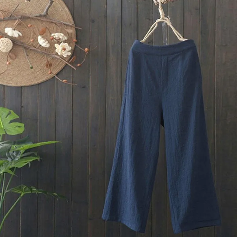 Elastic Waist Cotton Blend Wide Leg Pants Women Thin Loose Plus Size Summer High Line Straight Casual Pants