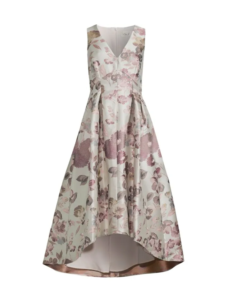 Eliza J Metallic Floral Flare Dress in Ivory Multi