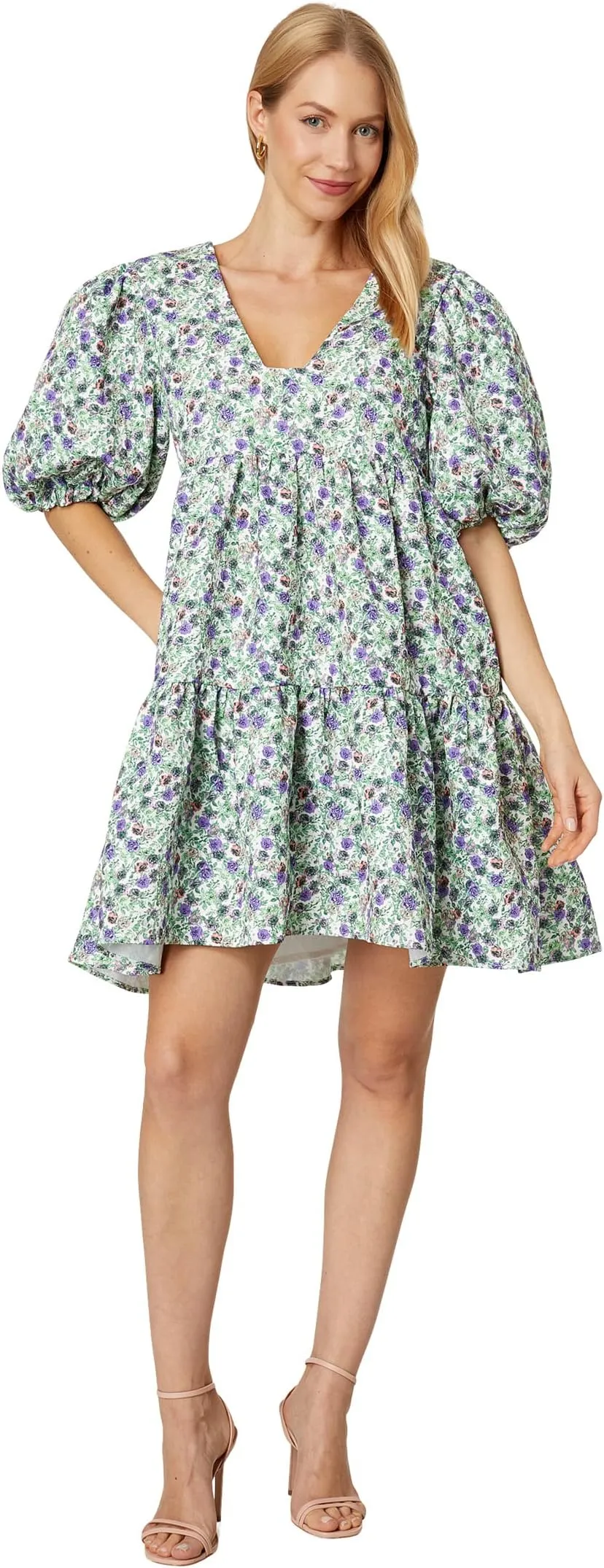 English Factory Floral Jacquard Puff Sleeve Dress in White/Purple