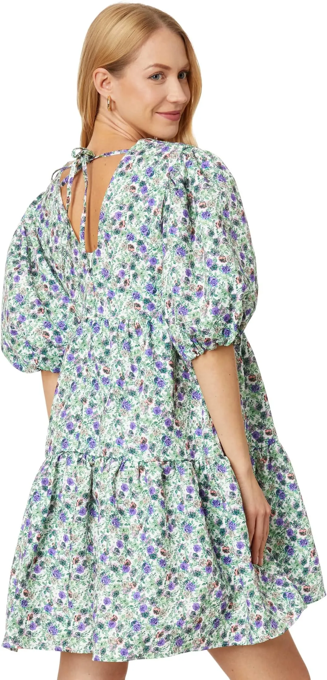 English Factory Floral Jacquard Puff Sleeve Dress in White/Purple