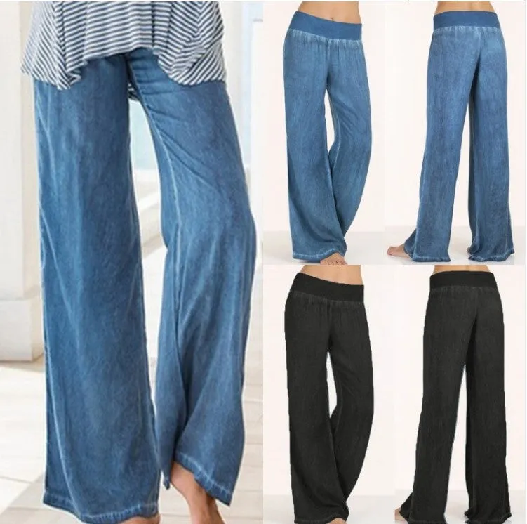 Europe Plus Size Women Casual Pants Thin Denim Pants Wide Leg Long Pants