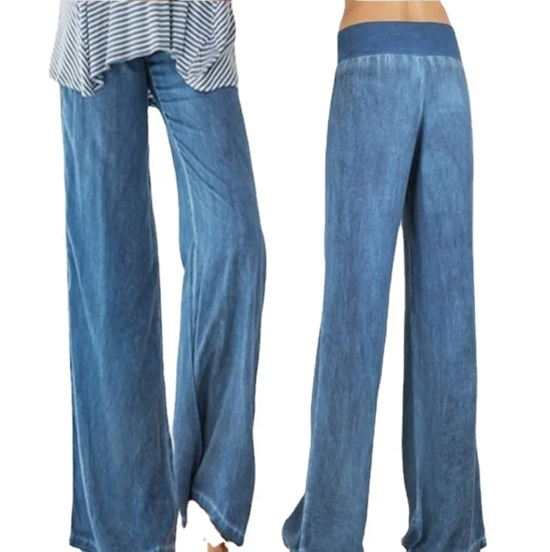 Europe Plus Size Women Casual Pants Thin Denim Pants Wide Leg Long Pants