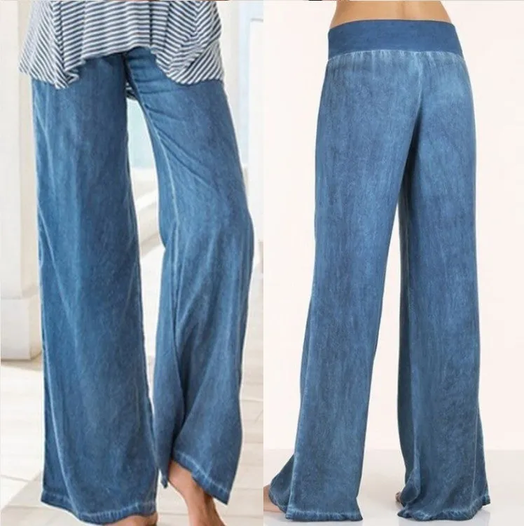 Europe Plus Size Women Casual Pants Thin Denim Pants Wide Leg Long Pants