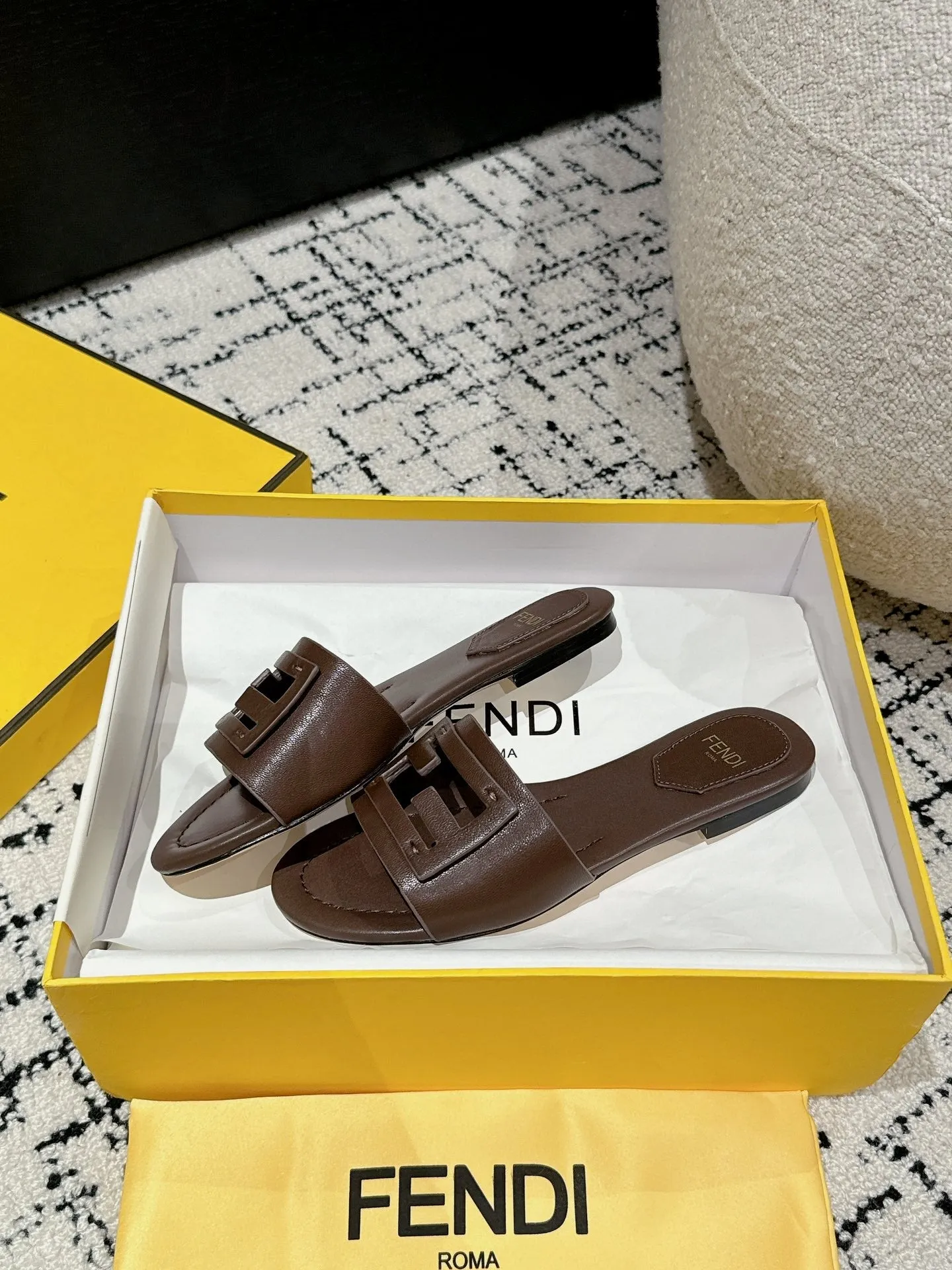 FF Baguette Chocolate Leather Slide