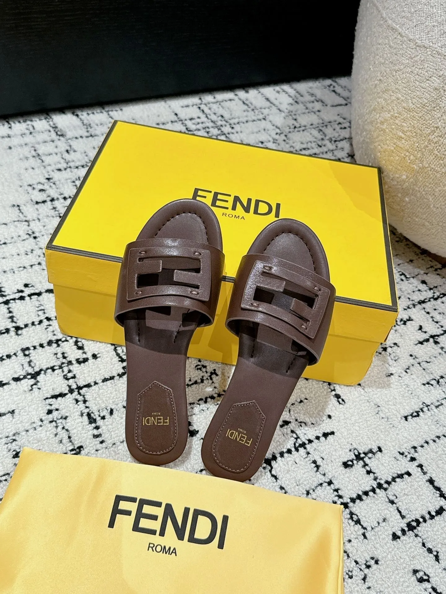 FF Baguette Chocolate Leather Slide