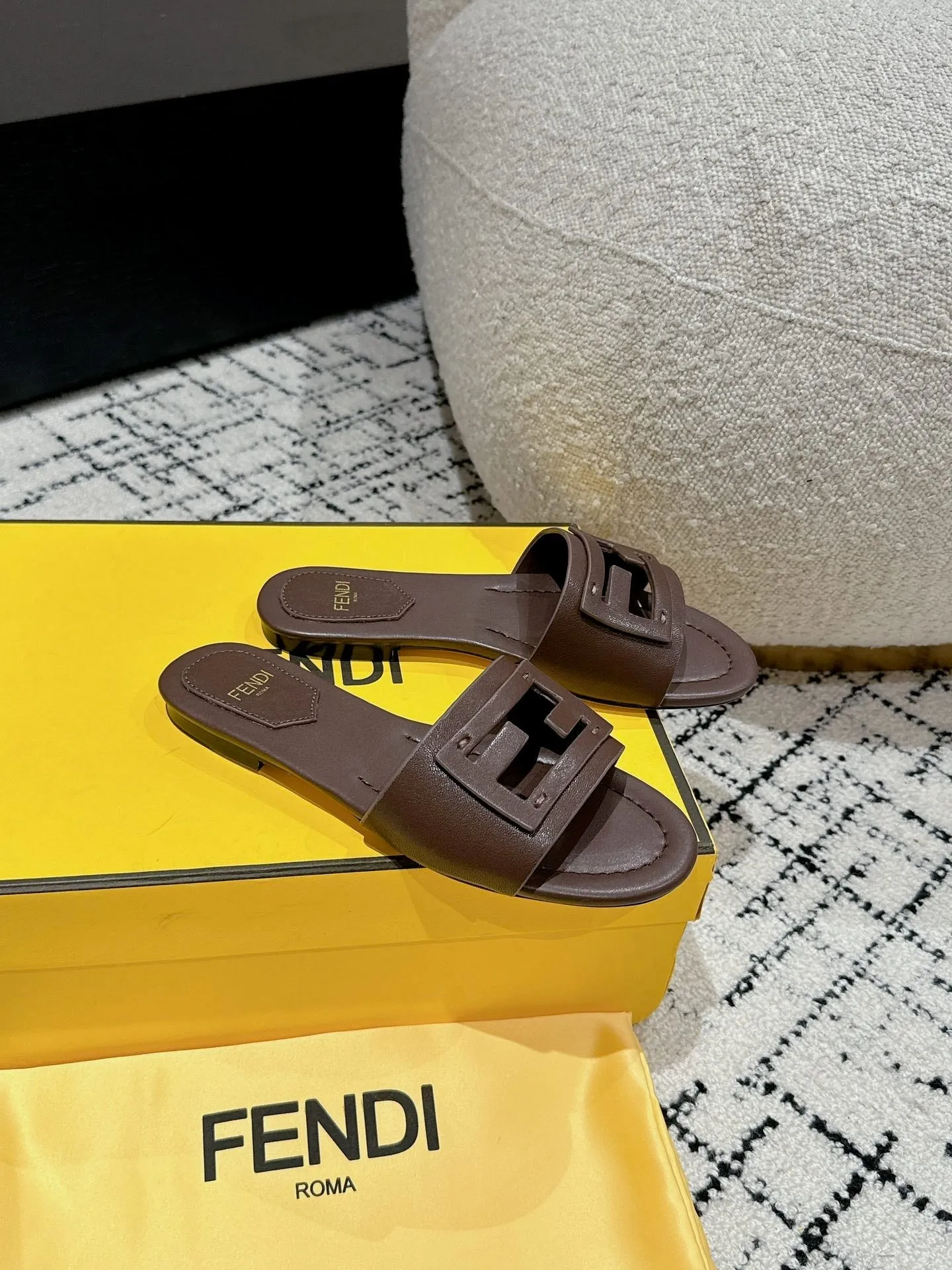 FF Baguette Chocolate Leather Slide