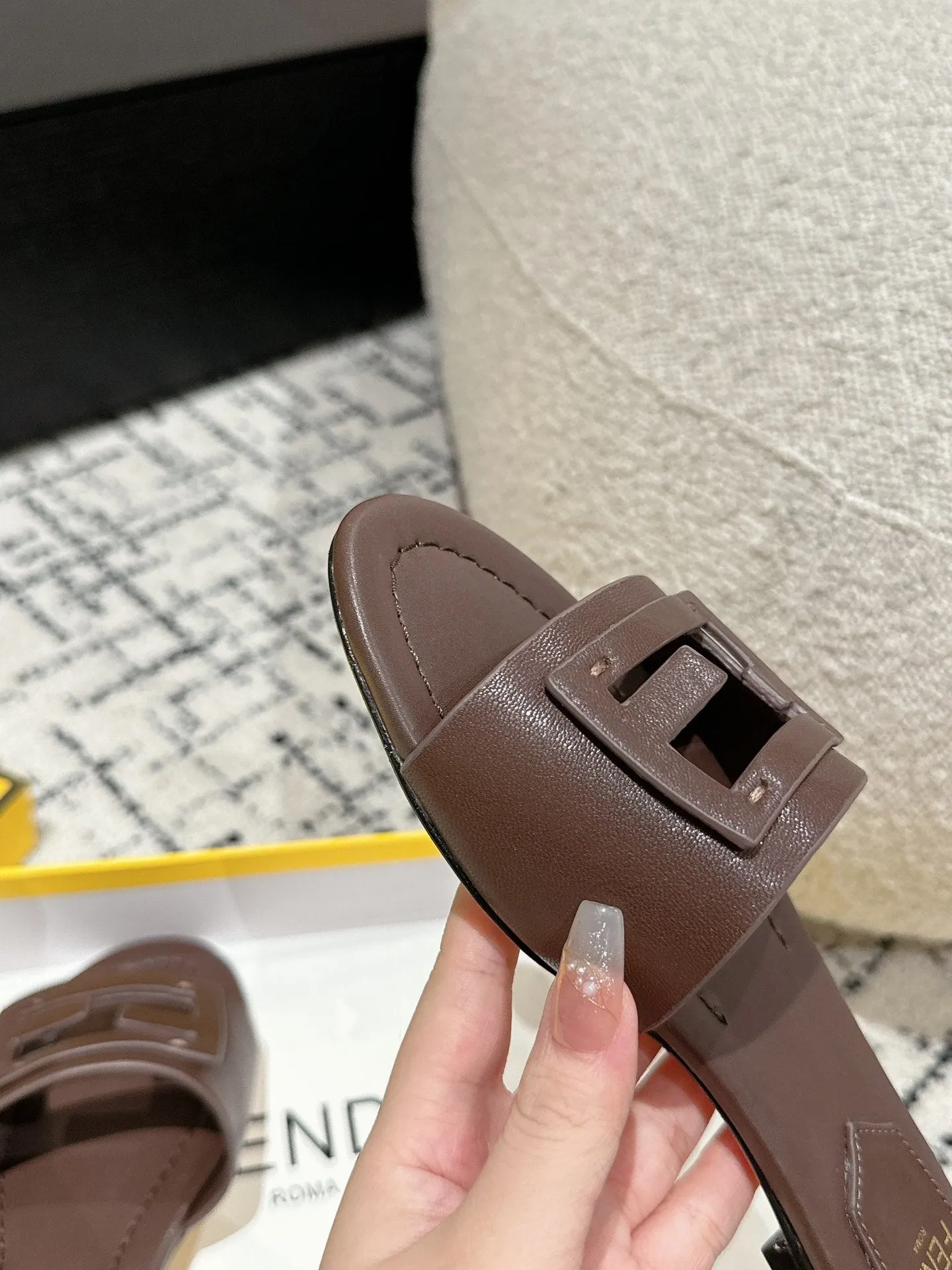 FF Baguette Chocolate Leather Slide