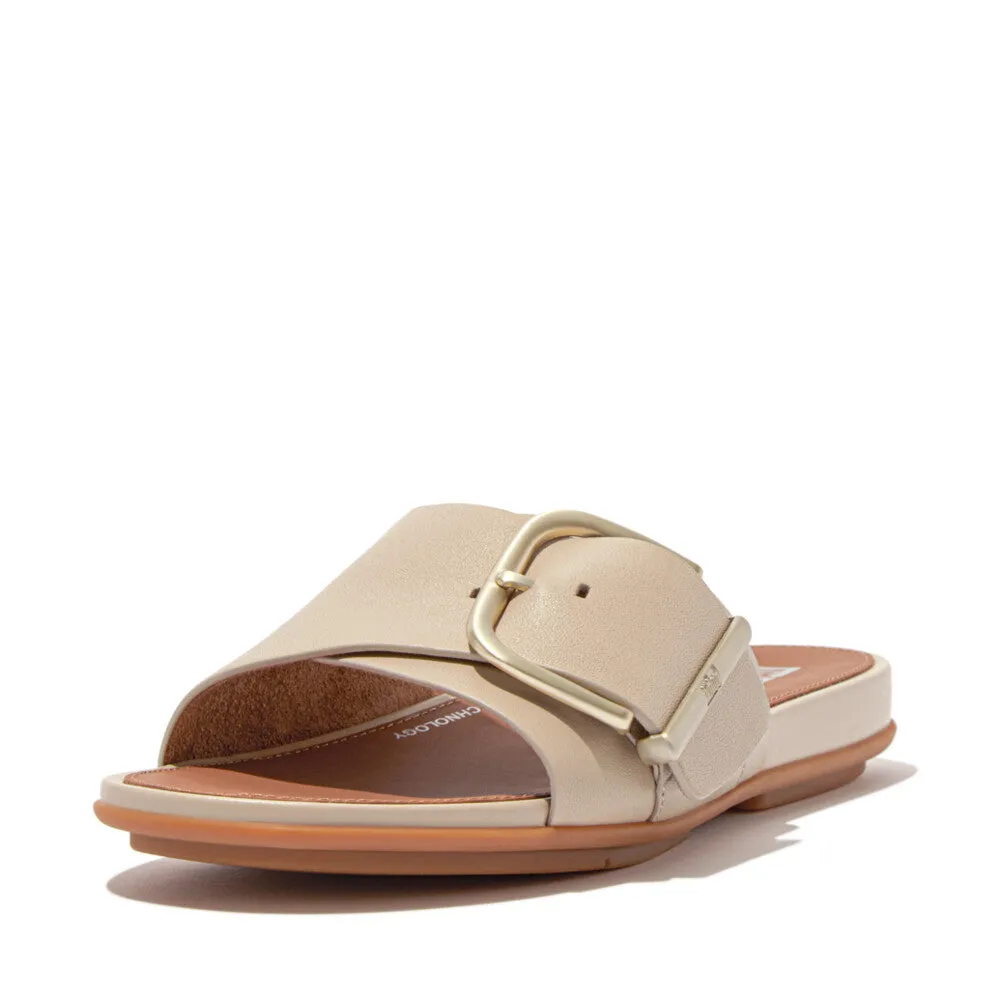 Fitflop Gracie Maxi Buckle Leather Slides Stone Beige