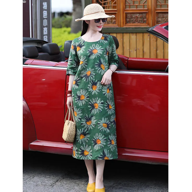 Floral 100% Linen Women Dresses Spring Summer Women Dresses With Waistline SMM96203