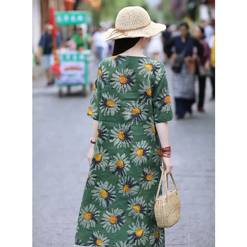 Floral 100% Linen Women Dresses Spring Summer Women Dresses With Waistline SMM96203