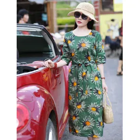 Floral 100% Linen Women Dresses Spring Summer Women Dresses With Waistline SMM96203