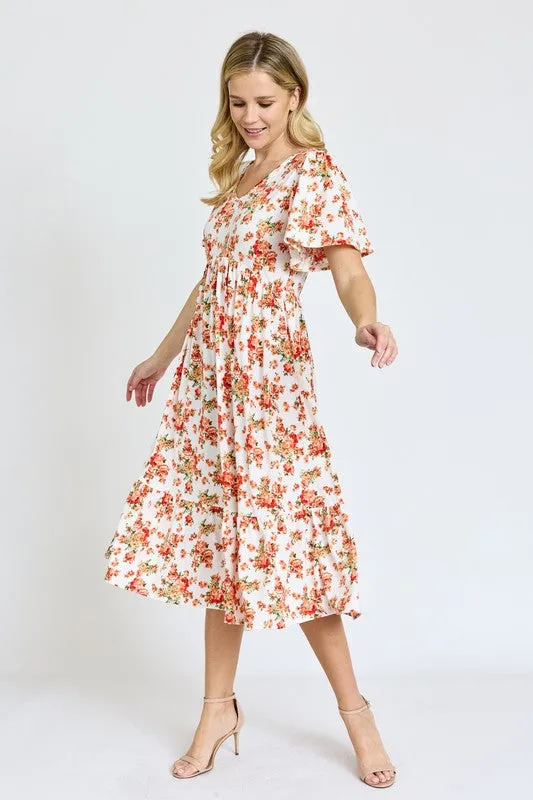 Floral Angel Sleeve Midi Dress