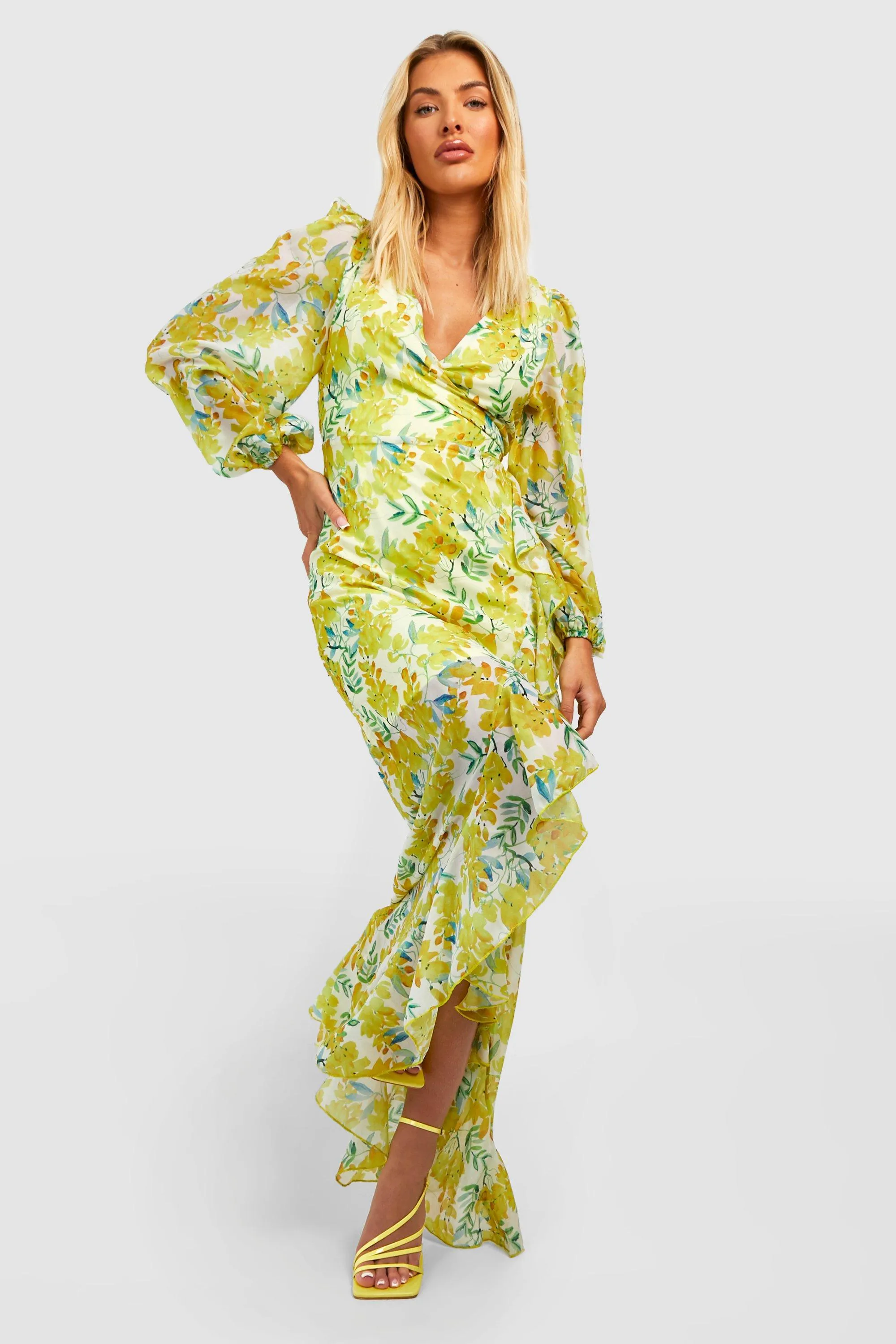 Floral Chiffon Maxi Dress with Boohoo Pants, Yellow