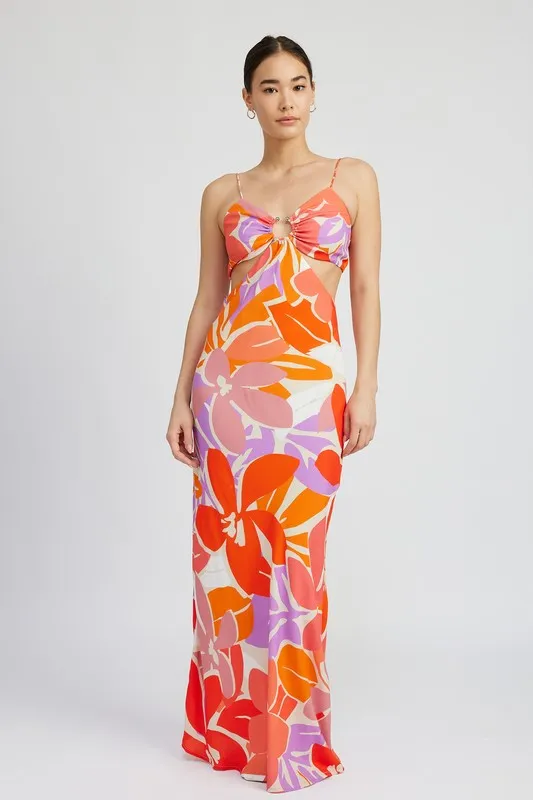 FLORAL CUT OUT MAXI DRESS WITH O RING DETAIL