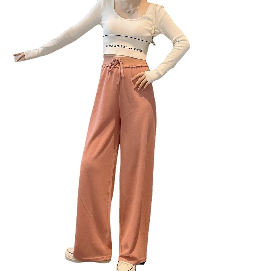 France Women High Waist Loose Slim-Look Stretchable Knitted Casual Leggings Wide Leg Pants