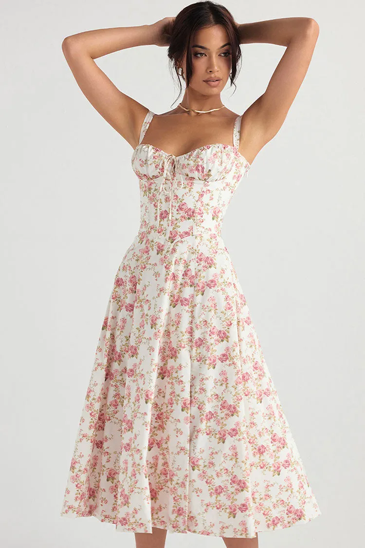 Fresh Bustier Tie Front Slit Floral Printed Midi Sundress - Pink