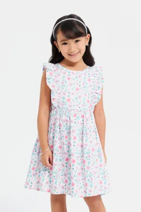 Girls White Floral Printed Satin Frill Dress