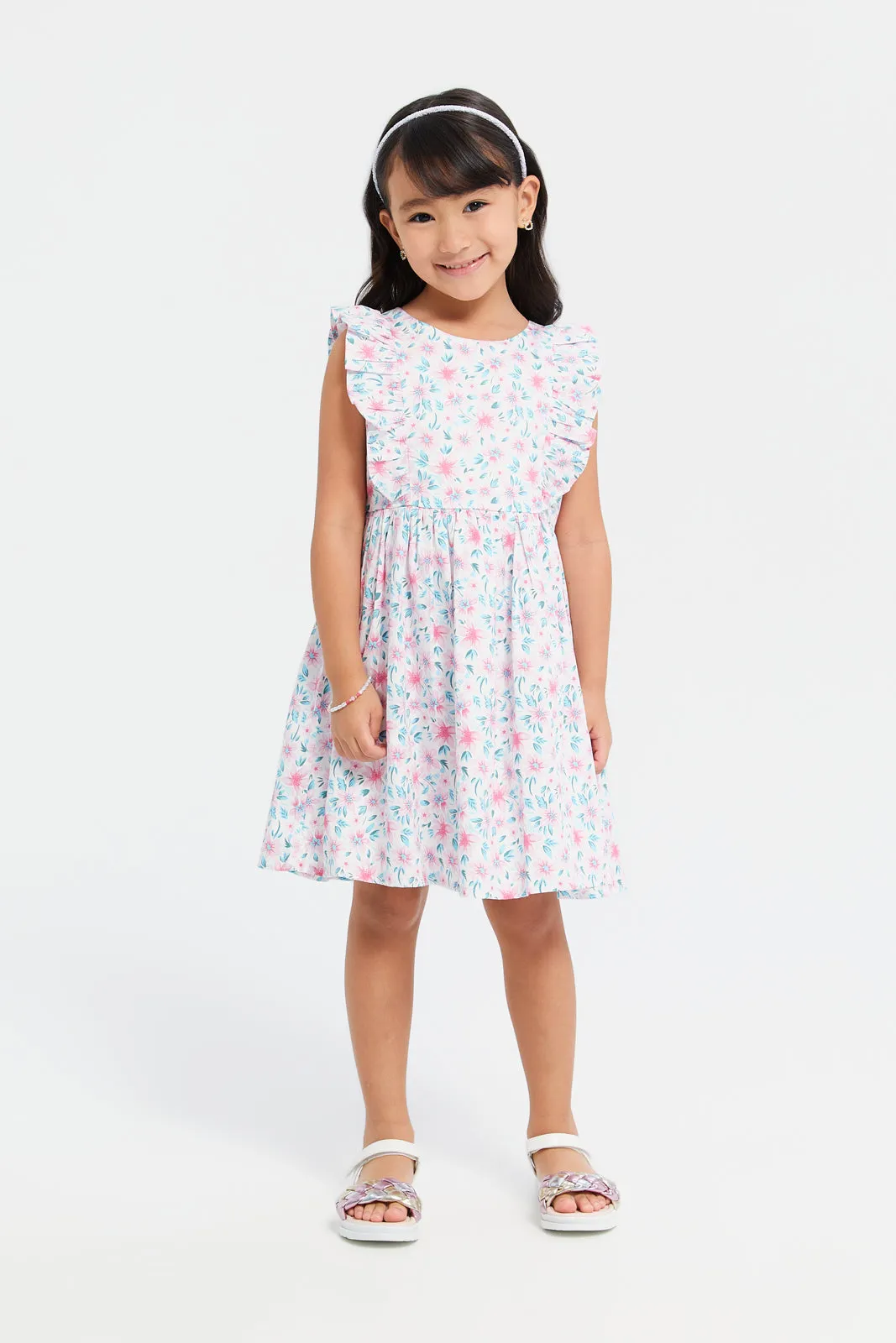 Girls White Floral Printed Satin Frill Dress