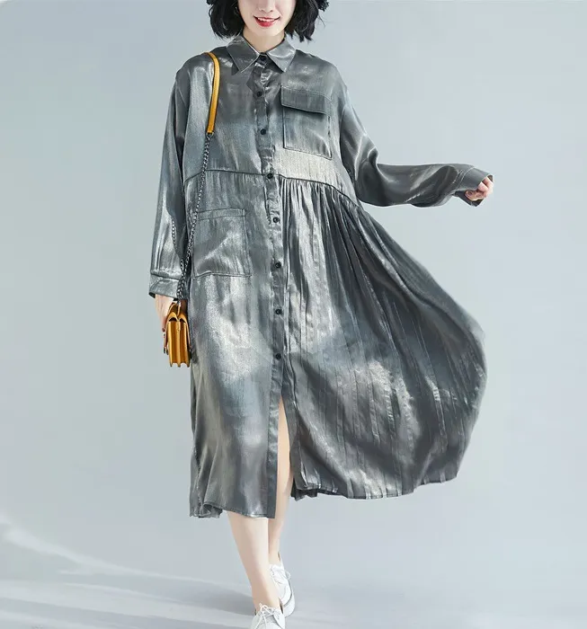 Gray Patchwork Pleated Dresses Loose Fall Dresses Casual Women Dresses SSM97213