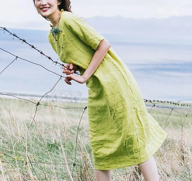 Green Summer Linen Women Dresses Short Sleeves Women Dresses XH9665