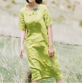 Green Summer Linen Women Dresses Short Sleeves Women Dresses XH9665