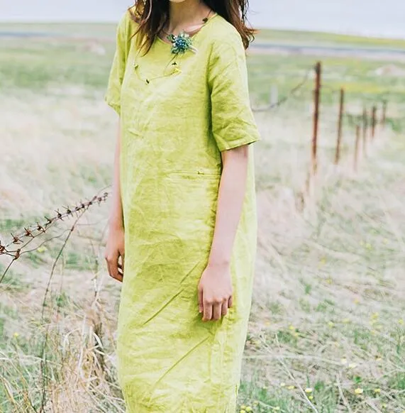 Green Summer Linen Women Dresses Short Sleeves Women Dresses XH9665