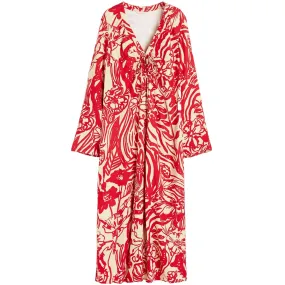 H&M Floral Patterned Tie-detail dress, light beige/red