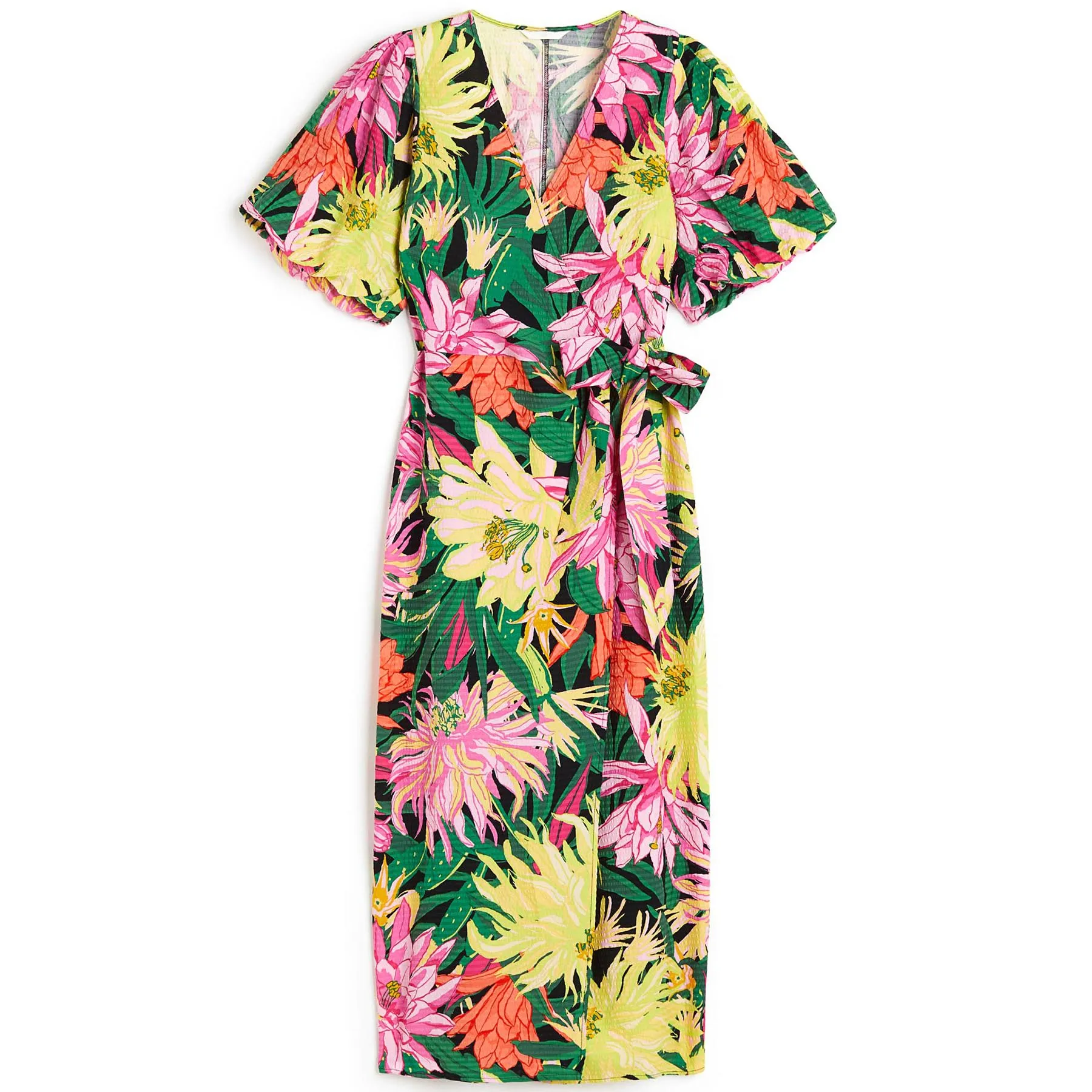 H&M Floral Puff-sleeved Wrap dress, green/multicolor