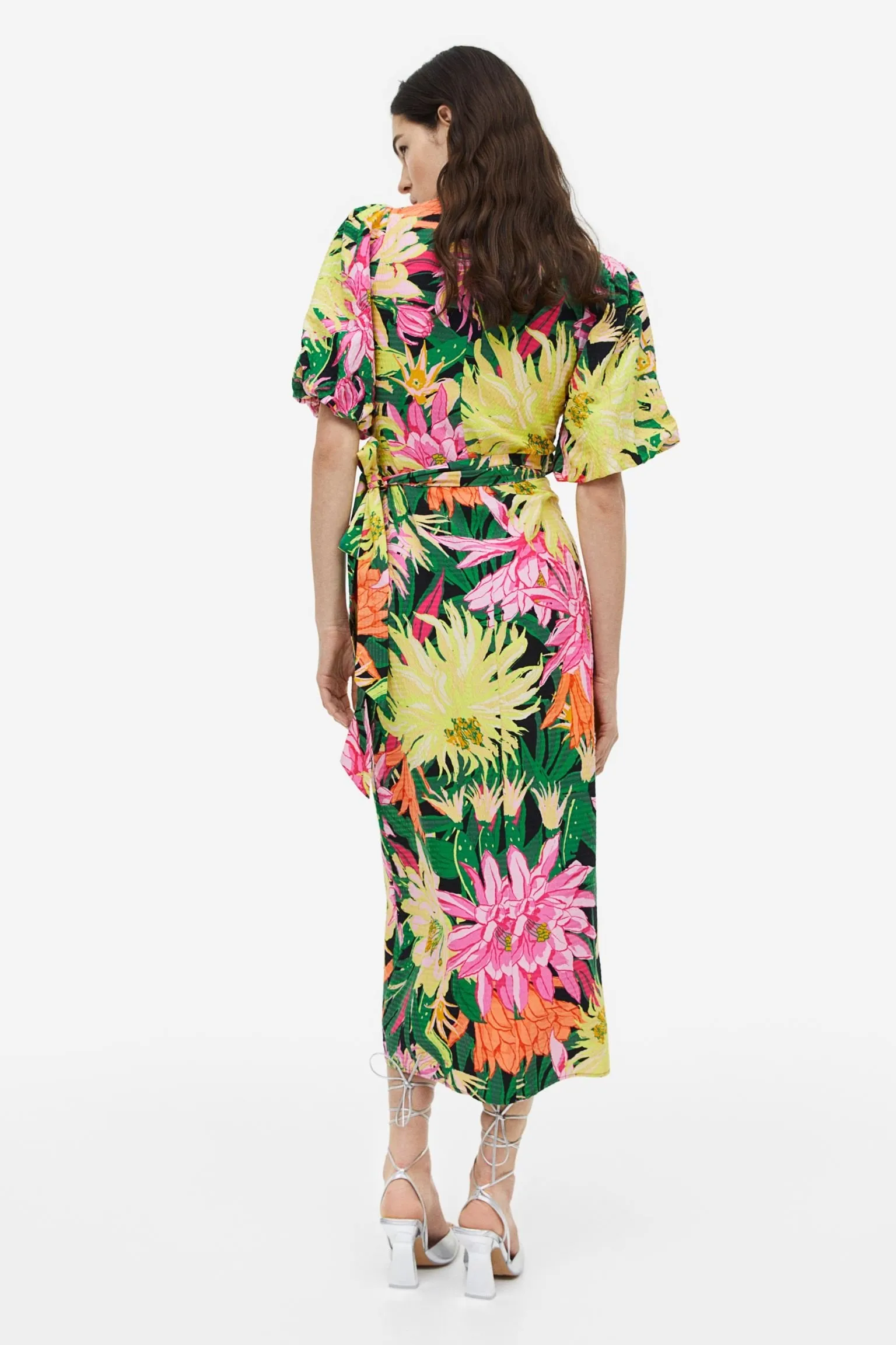 H&M Floral Puff-sleeved Wrap dress, green/multicolor