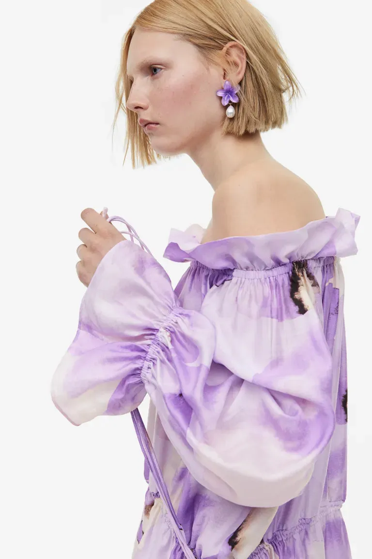 H&M Oversized Off Shoulder Dress, Light Purple/Floral