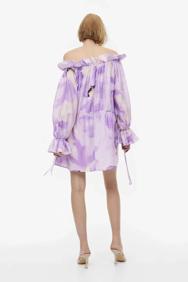 H&M Oversized Off Shoulder Dress, Light Purple/Floral