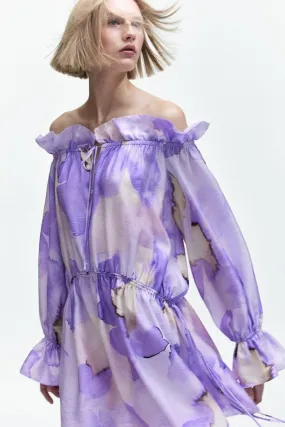 H&M Oversized Off Shoulder Dress, Light Purple/Floral