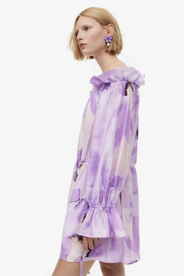 H&M Oversized Off Shoulder Dress, Light Purple/Floral