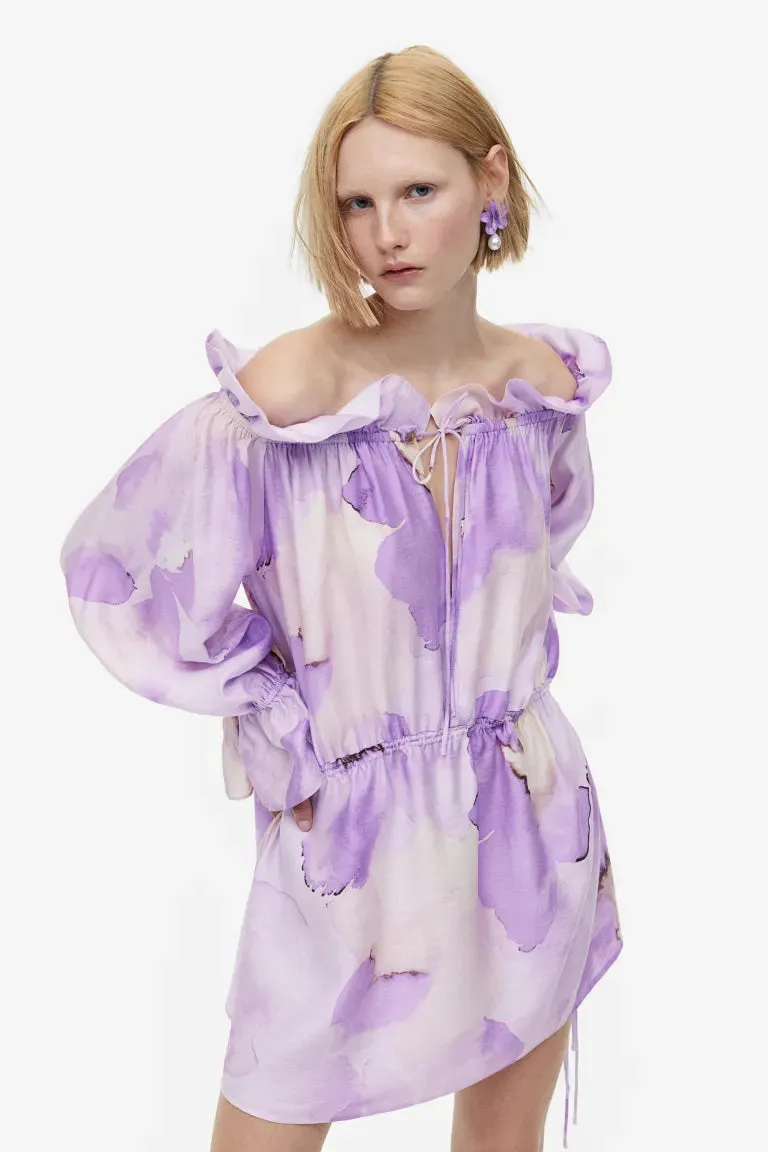 H&M Oversized Off Shoulder Dress, Light Purple/Floral