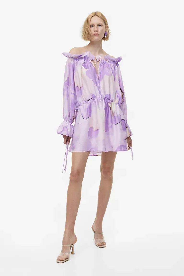 H&M Oversized Off Shoulder Dress, Light Purple/Floral