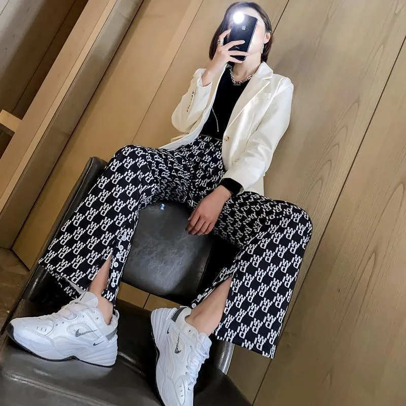 High Waist Alphabets Casual Flare Leg Pants Women Loose Slim-Look Drape Splitted Knitted Trumpet Pants